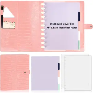 PU Leather Discbound Cover Set 8.5X11 Inch Letter Size with 5 Tab Colored Index Dividers 2 Sheets Binder Dividers Frosted Crocodile Pattern Leather Planner for Office (Peach Pink)