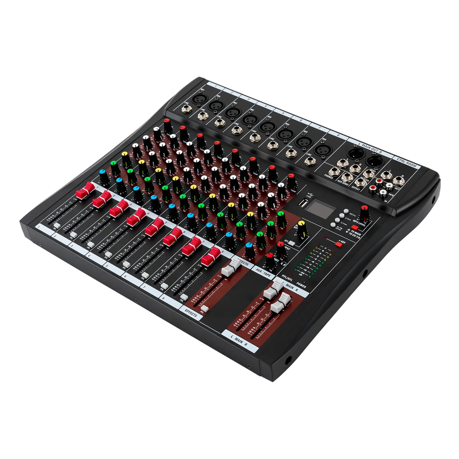 1*Mixer Black Metal Casing 8-Channel Recording Studio Karaoke Machine Sound System with Bluetooth Link, Echo Effect, LED Display, XLR, RCA, 110V US Plug, 20Hz-30KHz Frequency Response for Home Karaoke, Bars, Studio Mixer
