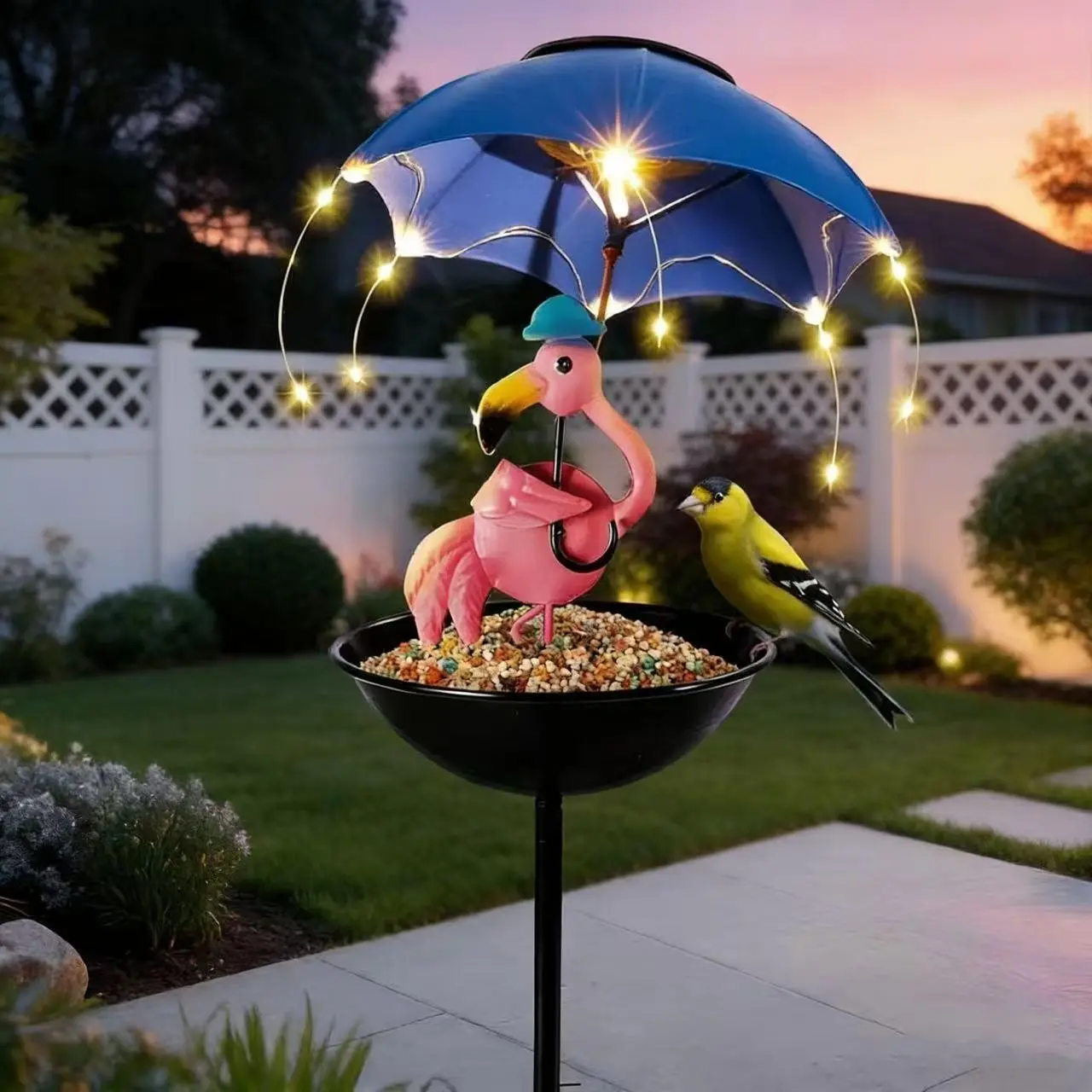 Solar LED Flamingo Umbrella Light with Bird Feeder, Garden Decoration for Yard Lawn Pathway, Outdoor Pathway Lighting, Weather Resistant Metal Design, Solar Pathway Lights, Outside Lights, Patio Lighting, Solar Powered Lighting
