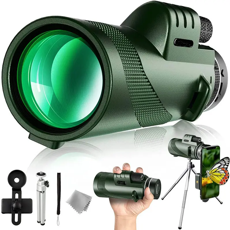 Monocular-Telescope 80x100 High Powered Monoculars High Definition for Adults High Powered with Smartphone Adapter Telescope Hunting Wildlife Bird Watching Travel Camping Hiking-Green