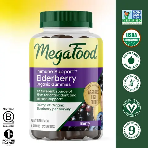 MegaFood Organic Elderberry Edible Dietary Vitamin Immunity Boost Gummies - Gelatin-Free Pectin-Base, Non-GMO, Chewable, 4+ Ages, Wild Blueberry Ginger Berry Flavor, 27-Day Supply | 54ct, 27 Servings