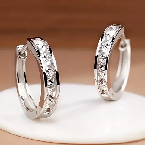 Minimalist Hoop Earrings Shiny Zirconia Earrings Elegant Women Silvery Hoop Earrings Daily Dating Ear Accessories