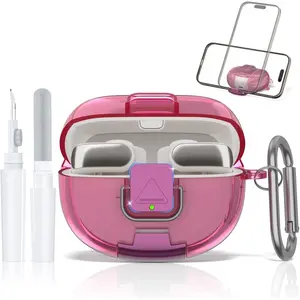 for Bose Ultra Open Earbuds Case with Secure Lock & Phone Stand, Soft TPU Shockproof Protective Clear Case for Bose Open Ear Earbuds Accessories with Cleaning Pen & Keychain (Deep Rose)