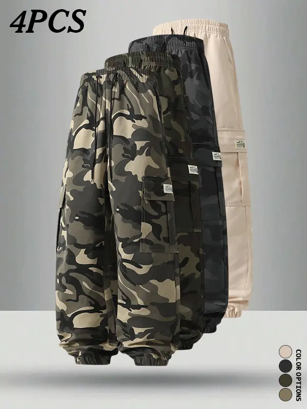 4-piece set breathable sweat-wicking men’s camouflage cargo jogger pants, 3D contoured cut for a structured fit that doesn’t sag, large-capacity 3D cargo pockets, high visual recognition due to camouflage design suitable for everyday wear