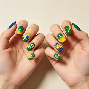 10 Pcs Brazil Soccer Theme Nail Tips, International Football Fans Nail Wraps，World Football Sports Event Fans Nails，Reusable Glossy False Nails, Handmade Design, Perfect for Fans, Events, Parties, Includes Tool Kit