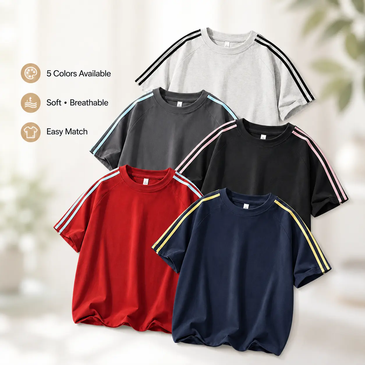 5-pack men’s raglan short-sleeve crewneck T-shirts with double stripes, soft cotton blend loose athletic tops for summer streetwear everyday wear