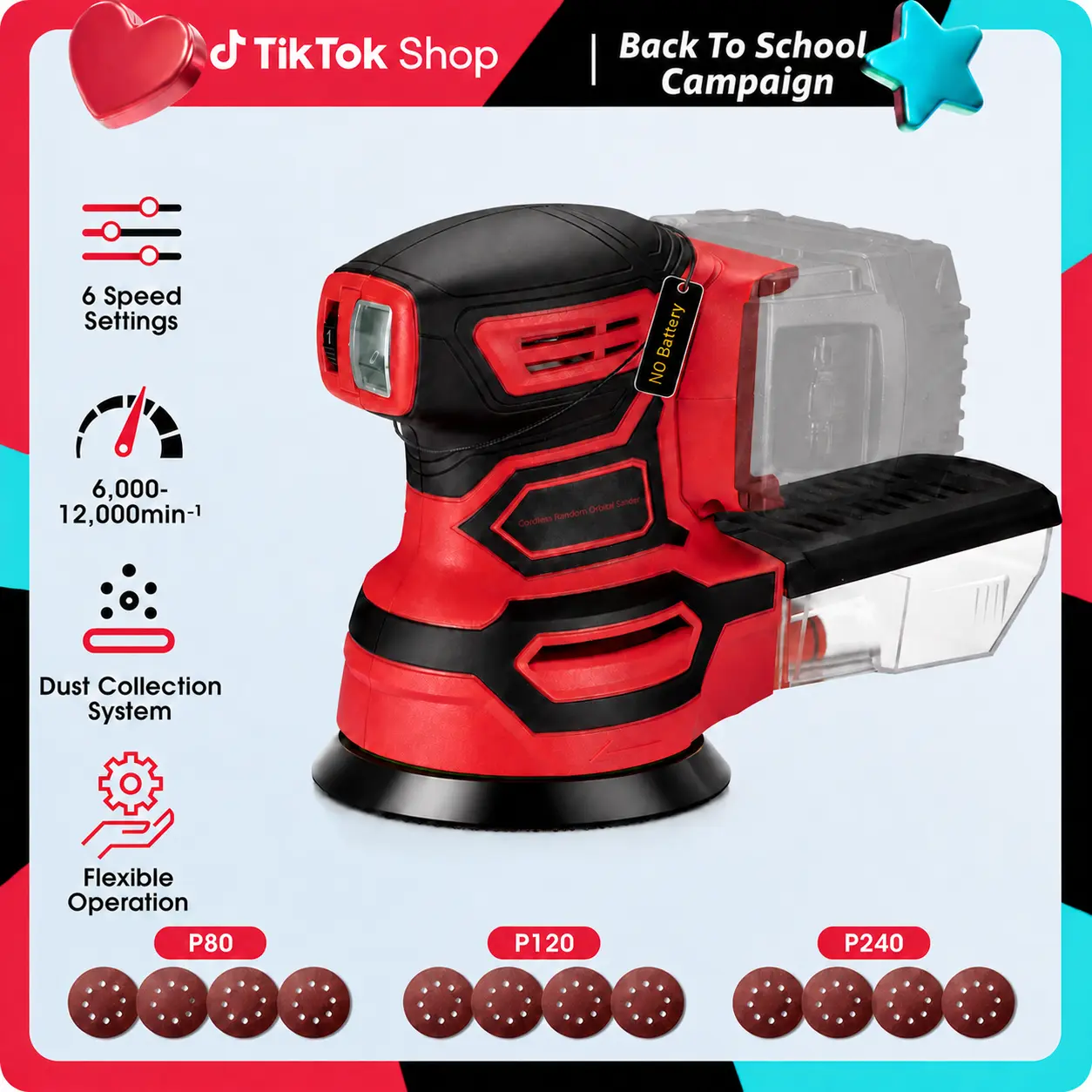 【No Battery】Cordless Random Orbital Sander, Brushless Electric Sander, 6-Speed (6000-12000 RPM), 5 inches Pad, Dust Collection, 12PCS Sandpapers (#80*4/#120*4/#240*4), Compatible with Milwaukee 18V Battery for Wood, Metal Sanding & Paint Removal