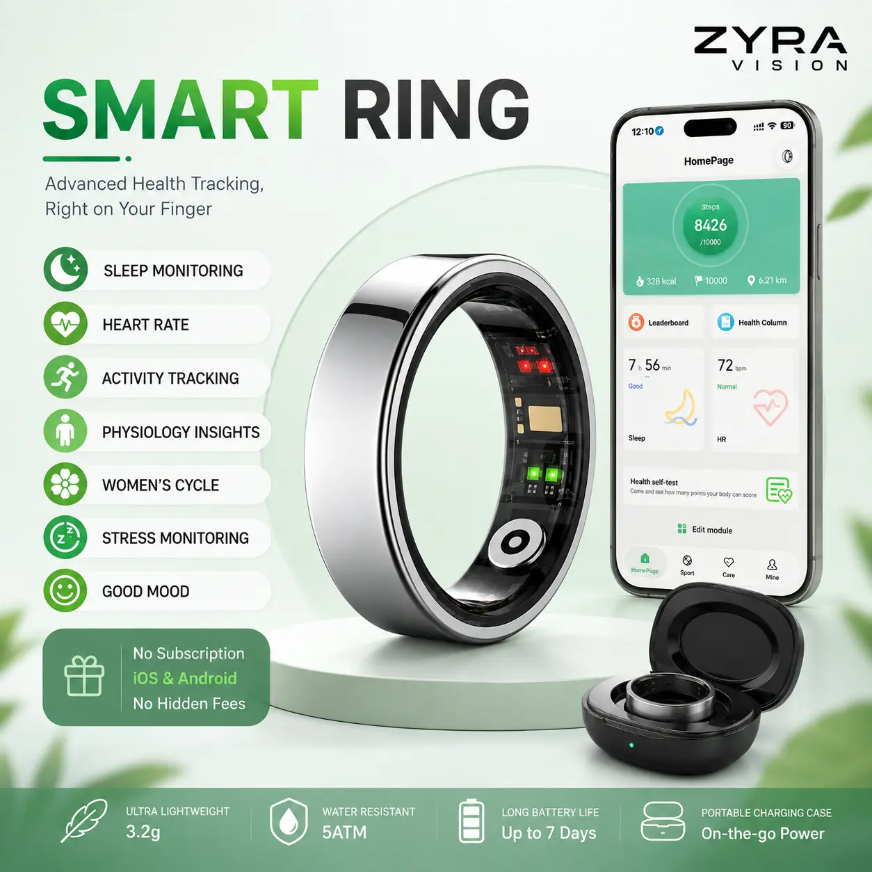 Zyra Vision Smart Ring - Bluetooth 5.3 Smart Sports Device, Wearable Fitness Tracker with 24/7 Heart Beat Monitor, Sleep Tracking, Stress & Cycle Insights, Family Care Mode, No-Subscription App, IP68 Waterproof, Android & iOS Compatible (for Women)