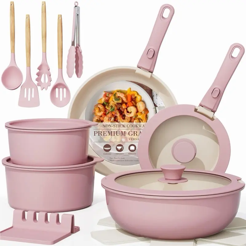 21 pcs Nonstick Ceramic Cookware Set, RV Kitchen Cooking Set with Detachable Handles, Oven Safe, Induction Cookware, Stackable, Pink, PFAS PFOA & PTFE