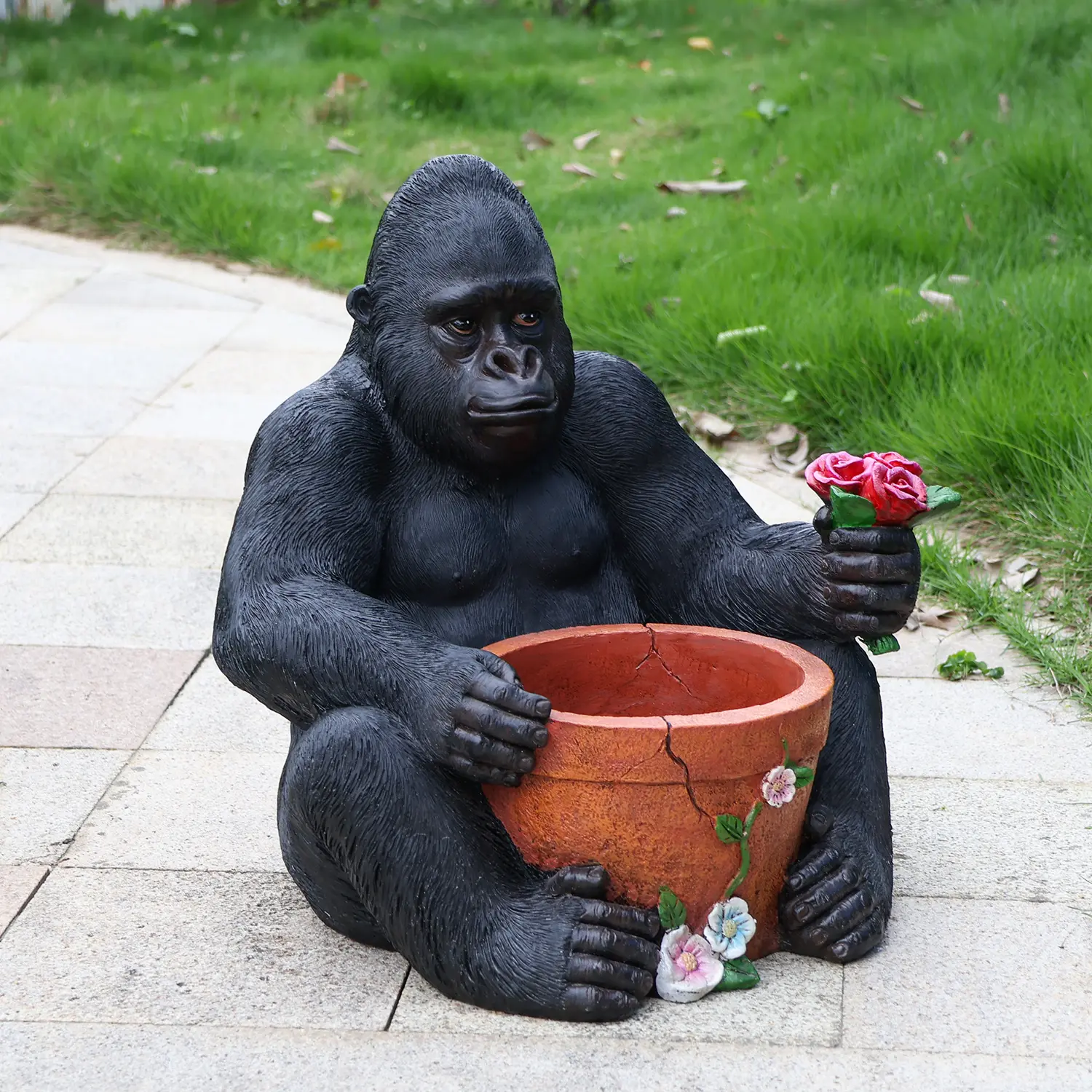 18.5" L x 17.32" W x 19.69" H Outdoor Garden Sculpture Chimpanzees Flower Pot Planter - Unique Yard Statue Decoration, Interesting Law Outdoor Ornament