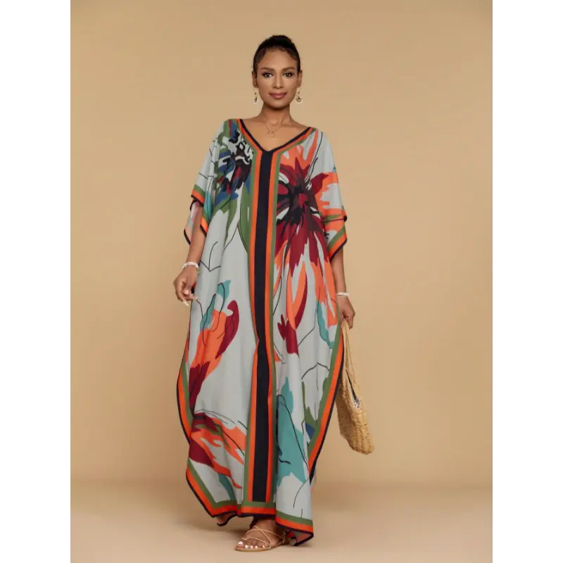 Bohemian style Women'S Grey Butterfly Printed Kaftan Robe Four Side Elastic Loose Casual Holiday Style Large Size Beach Cover Up Ethnic Style Dresses