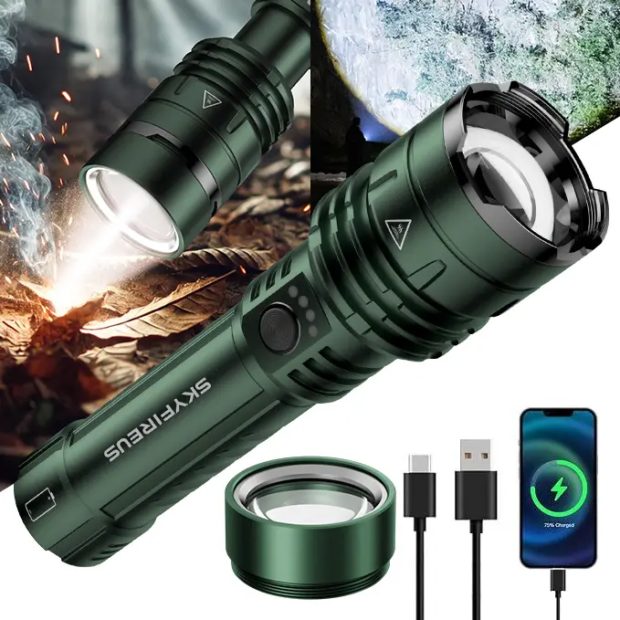SKYFIRE 1376 Rechargeable High Lumens LED Tactical Flashlight - 1800 Lumens, Fire-Starting Lens, Zoomable Focus, 5 Light Modes, USB Charging Cable, Water Resistant, for Adult Camping, Emergency Use
