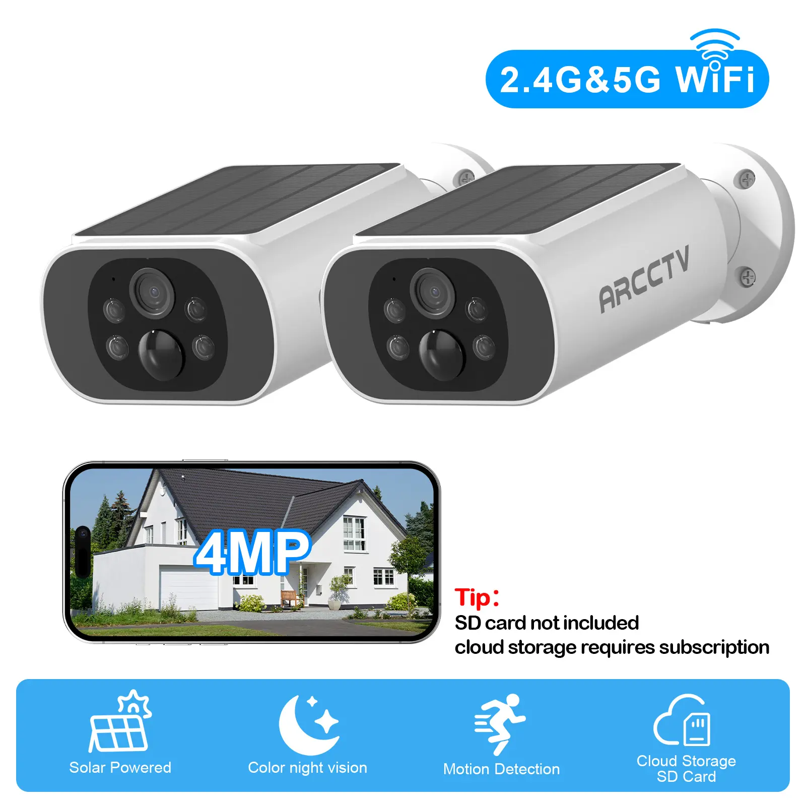 ARCCTV APP 4MP Wireless Solar Camera,2.4G&5G WiFi Security Cameras for home,IP65 Waterproof,2 Way Talk,Smart Siren,Color Night Vision,Motion Detection,Reliable Outdoor Surveillance,2 pack