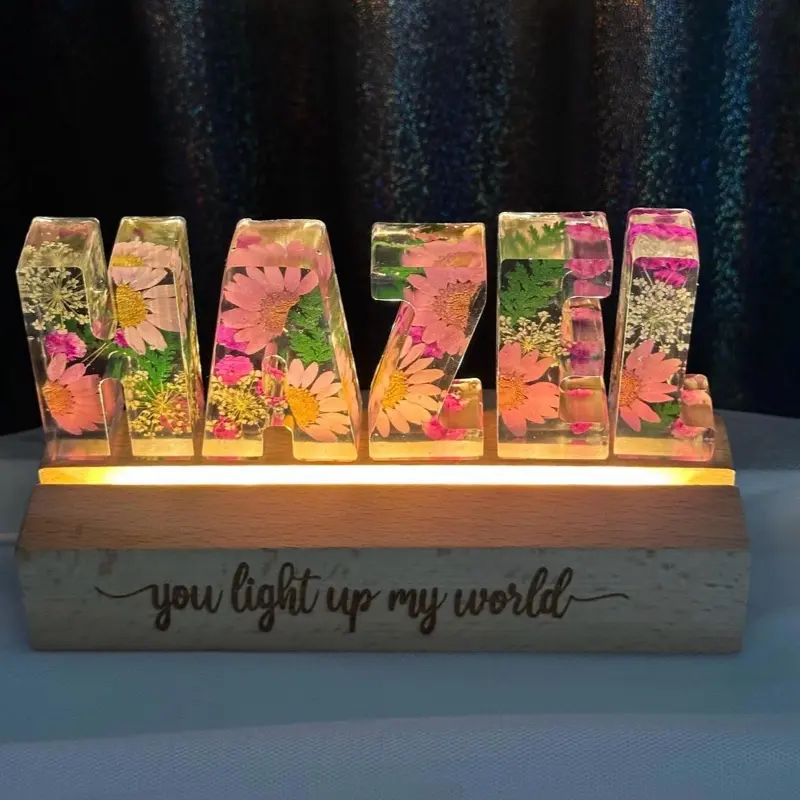 Personalized 3D Name Lamp Handmade Lamp Epoxy Resin And Natural Flowers Name Light Christmas Birthday Present For Any Occasions