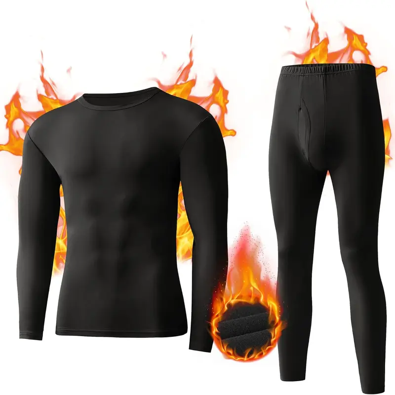 NevEND Long Johns Microfiber Soft Fleece Lined Thermal Underwear for Men Crewneck Set Winter Warm Base Layer Top & Bottom Black S - 2XL Menswear Sweat