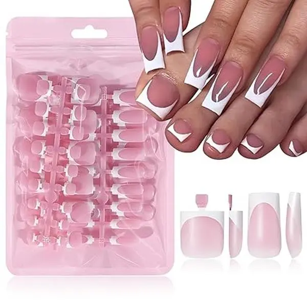 60pc White French Tip Press on Nails Medium & Square Artificial Toenails Kit, Square Nails Press ons Toenails Women French Acrylic Toenail Medium Glue Nails Toenail Tips Toe Fake Nail with Tabs File