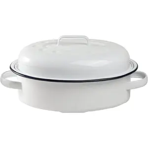 Enameled Roasting Pan with Lid, Covered Roaster Pan Oval Pot Enamelware Cookware, 15.5 Inch, Vintage Farmhouse White