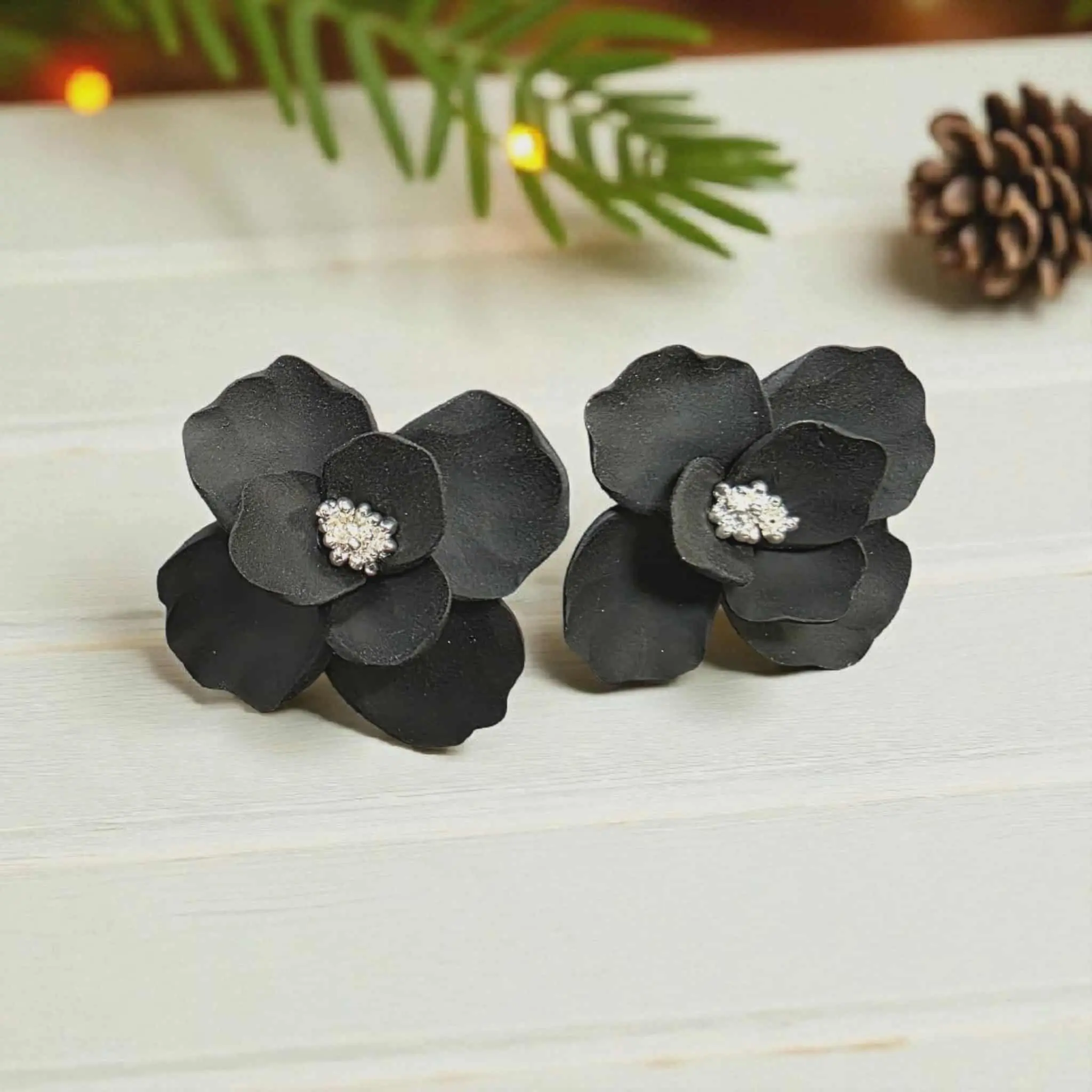 Boldly Bloom Stud Earrings Hand-sculpted Polymer Clay with Sparkling Silver Center Accent Hypoallergenic Posts Lightweight Comfortable for All-day Wear Classic White Rich Burgundy Matte Black