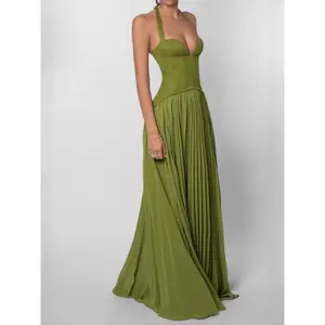 Women'S Sexy Halter Neck Low-Cut Backless Waist-Cinching Pleated Bright Green Bridesmaid Dress Minimalist
