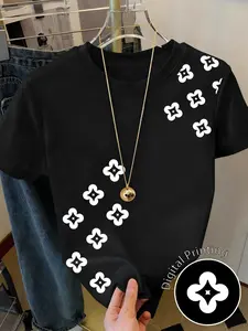 Women's Round Neck Casual T-Shirt, Floral Print Short Sleeve Top, Versatile Fit for All Seasons, Perfect Gift Choice