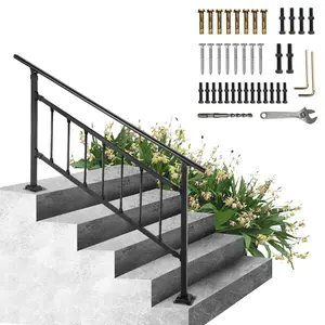 VEVOR Outdoor Wrought Iron Stair Railing, Adjustable for 1-5 Steps, Weatherproof Transitional Handrail with Fence, for Concrete Surfaces & Concrete Steps, Includes Installation Kit, Matte Black