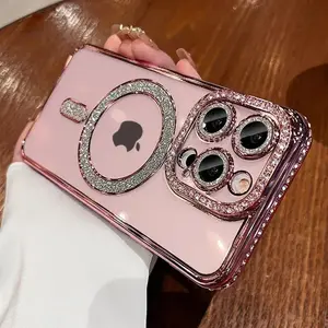 For iPhone 14 15 Pro Max Luxury Pink Diamond Glitter Clear Plating Case For IPhone 15 11 12 13 14 Pro Max Plus Magsafe Magnetic Wireless Charging Cover