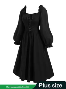 【Plus Size】 Lace Up Plicated Square Neck A Line Dress, Elegant Puff Sleeve Long Sleeve Dress for Party Holiday Wedding Guest, Women's Clothes for Fall & Winter