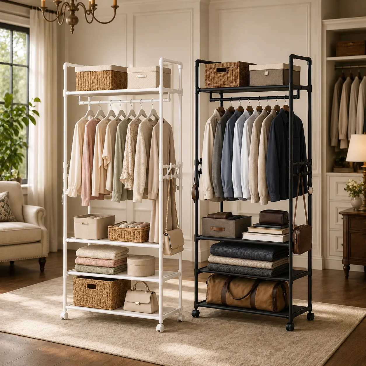 Carbon Steel Freestanding Clothes Drying Rack - Multi-Layer Storage Shelves, Wheels, Hanging Capacity, Portable Space-Saving Organizer for Bedroom, Balcony - Black, White Options