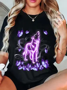 100% Cotton Wolf magical purple butterfly wolf lover T-Shirt