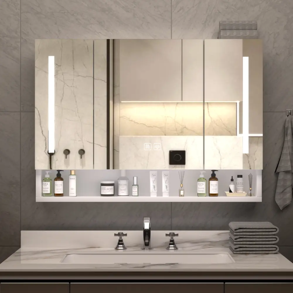 Modern Durable Aluminium 39x28 in Bathroom Medicine Cabinet with Mirror, LED Lights, Multi-Level Storage Compartments, Defogging Function, Assembly Required Indoor Cupboard