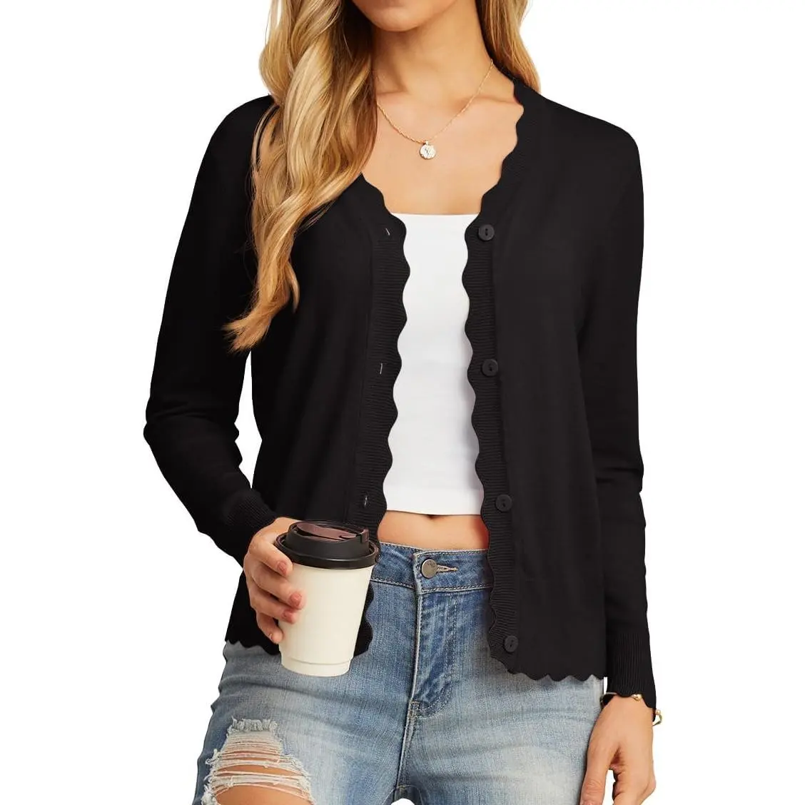 GRECERELLE Women's Long Sleeve V-Neck Button Down Cardigan Knit Shrugs Sweater