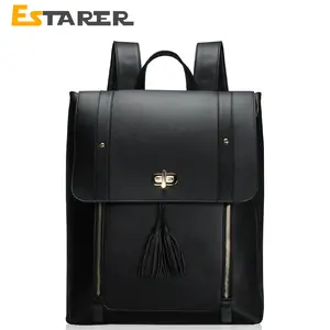 ESTARER Upgraded Version Women PU Leather Backpack 15.6 Inch Laptop Backpack Vintage College Rucksack Bag (Black)