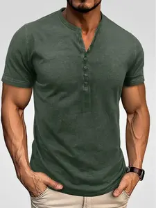 Men's Short-Sleeve Henley Tee - Premium Cotton Menswear Tshirt, Solid Color, Relaxed Fit, Classic Minimalist Vintage Pullover, Summer Casual Loungewear Tops with Button Placket, Basic Style