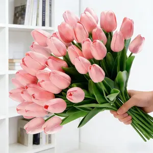 Highly realistic pink tulip artificial flowers, 20 pieces, made of PU material, 13.5 inches. For Mother's Day and Easter, as a home soft decoration and floral arrangement, Artificial Flowers Bouquet