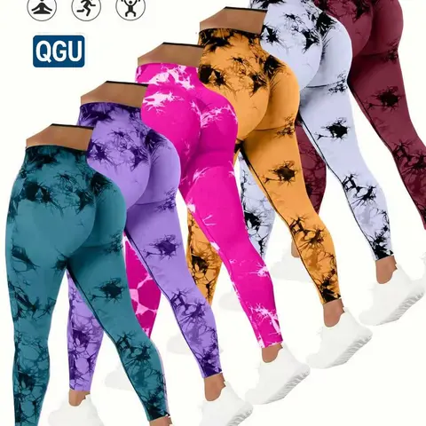 QGU Women’s 6-Pack Knitting High-Waisted Tummy Control Yoga Pants - Plus Sizes, Plus Size Fashion, All-Season, High Elasticity, Opaque, Tie-Dye, Gym Biking Peach-Lift Bottoms, Everyday Active Wear (Multiple Colors)