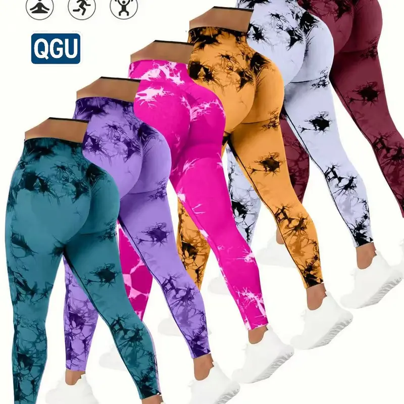 QGU Women’s 6-Pack Knitting High-Waisted Tummy Control Yoga Pants - Plus Sizes, Plus Size Fashion, All-Season, High Elasticity, Opaque, Tie-Dye, Gym Biking Peach-Lift Bottoms, Everyday Active Wear (Multiple Colors)