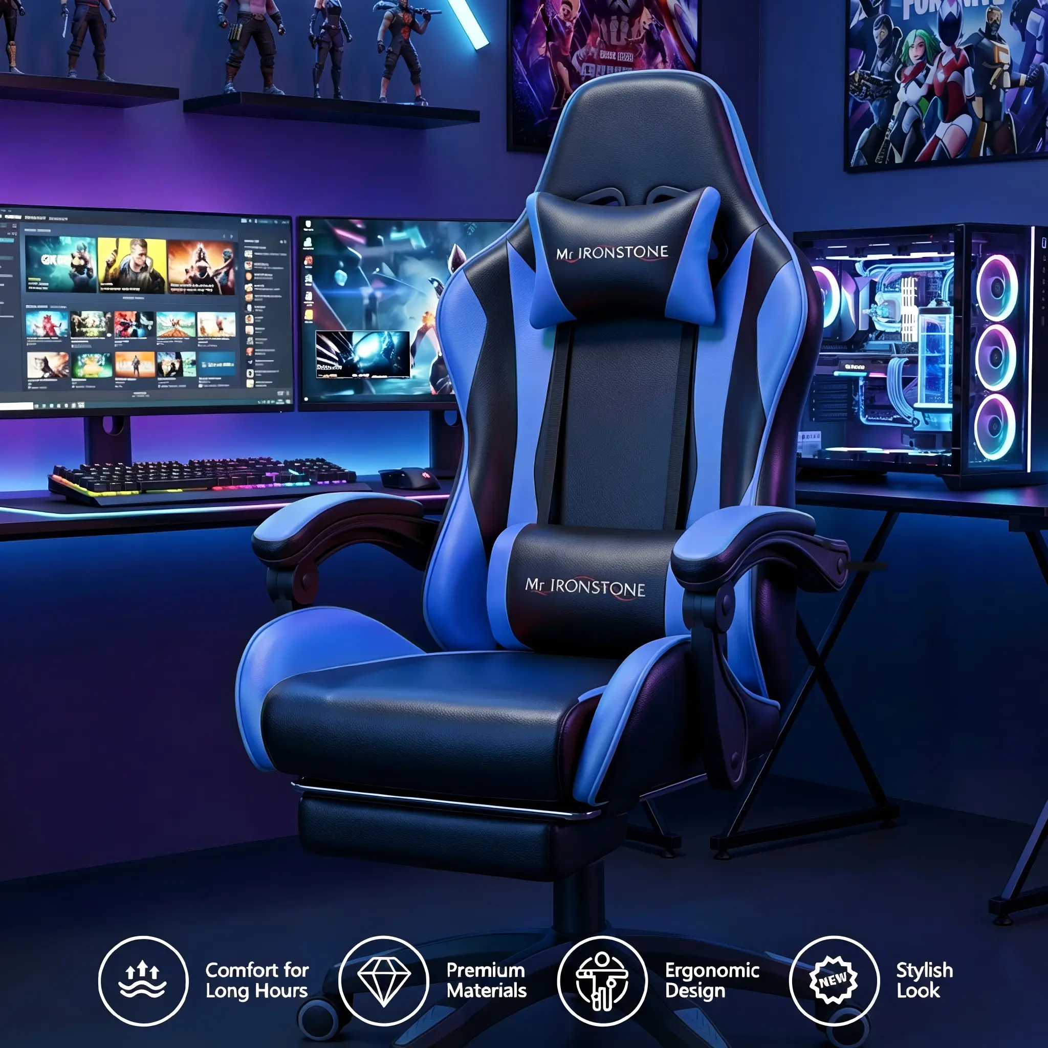 【Hot】Mr IRONSTONE Gaming Chair with Ergonomic Massage Computer Gaming Chair with Broaden Cusion and Footrest High Back Video Game Chair for Adults Kids Boyfriend Father's Gift, Blue Black and Red