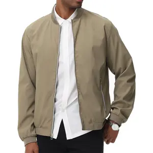 Mens Lightweight Windbreaker Full Zip Up Laydown Collar Jackets Light Casual Coat with Zip Pockets Black Long Sleeve Tops Beige Plain Zippers Menswear