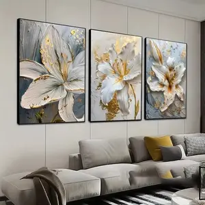 3pcs/set Frameless Fashion Gold and White Flower Canvas Posters Painting Modern Floral Paintings Abstract 3D Lily Flowers Wall Art Print Decoration for Bedroom Living Rome Modern Home Decor Canvas Prints