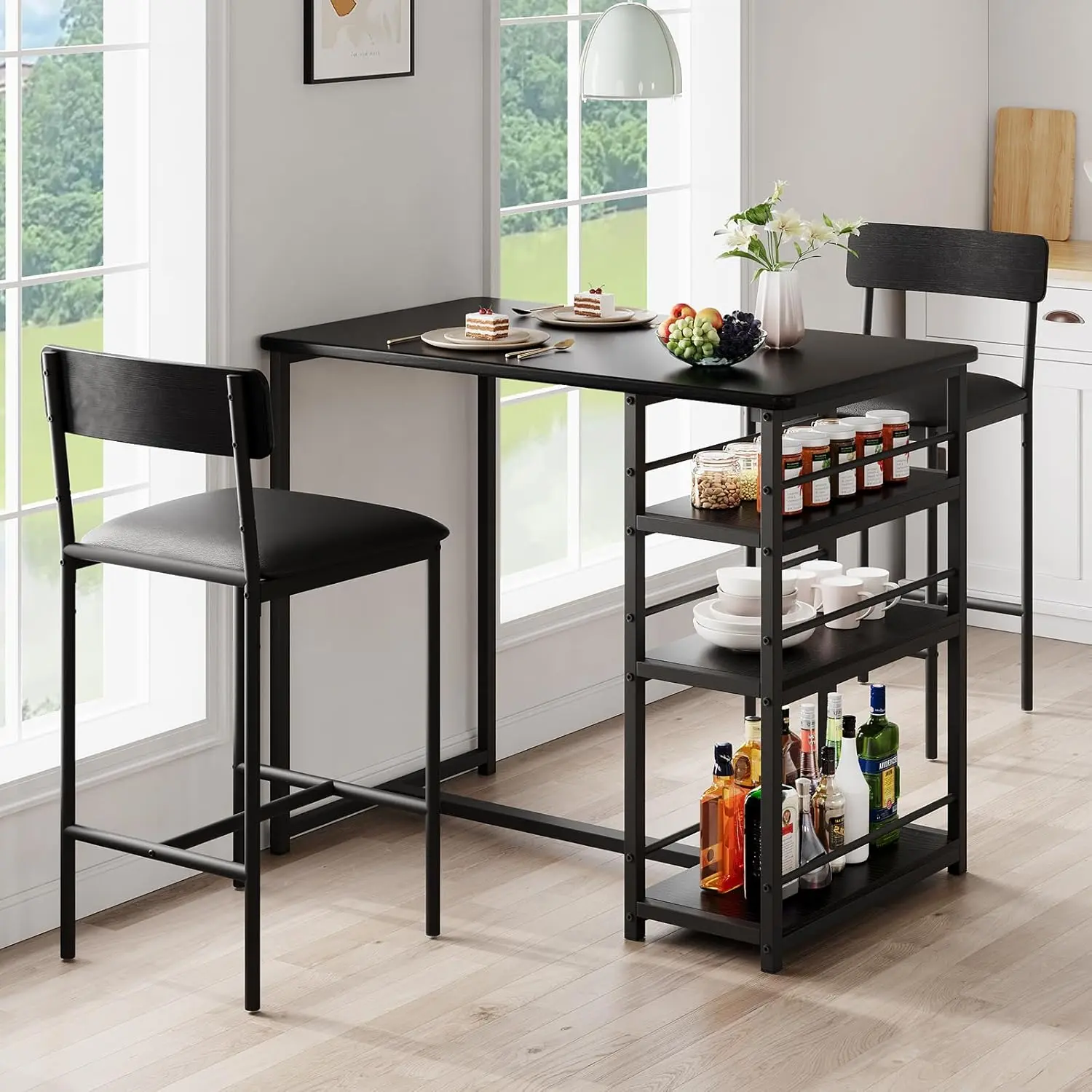 3-Piece Dining Table Set - Durable Modern Compact Rustic Pub/Bar Kitchen Furniture Sets Table, Cozy Upholstered Tuckable High Chairs, 3 Large Storage Shelves, MDF & Steel Build, Stable Frame, Easy-to-Clean Spill Surface, Assembly Required