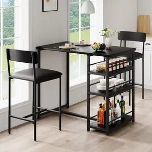 3 Piece Dining Table Set for 2 with 2 Upholstered Chairs, Rustic Pub/Bar Table Set + 3 Large Storage Shelves, Compact Kitchen Table for Small Spaces, Apartment, Breakfast Nook, Black Modern