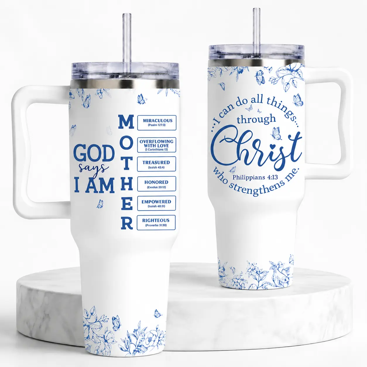40oz Portable Reusable Christian Mom Tumbler - Insulated Stainless Steel Cup with Handle, Straw, Lid, 100% Leakproof Travel Mug for Women, Bible Verse Faith Gift, Keeps Ice 24+ Hours (Car Interior Decoration Accessory)