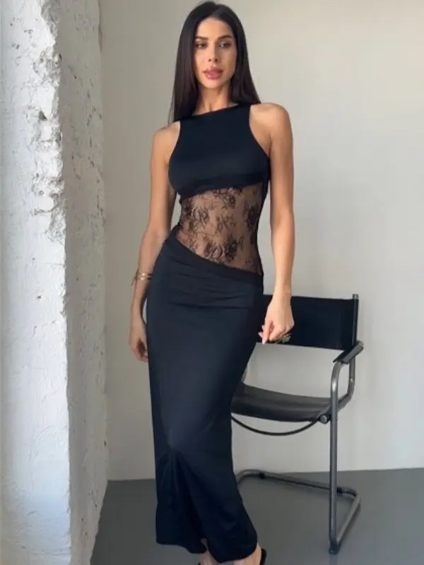 See-through Lace Detail Slim Fitting Bodycon Maxi Dress  Casual Womenswear Summer
