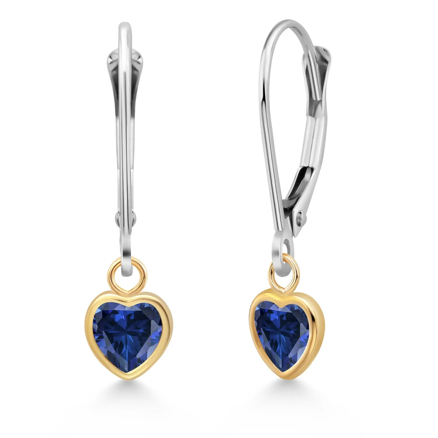 Gem Stone King 1.00 Cttw Blue Created Sapphire Drop Dangle Earrings For Women | 925 Sterling Silver and 14K Yellow Gold | Heart Shape 5MM