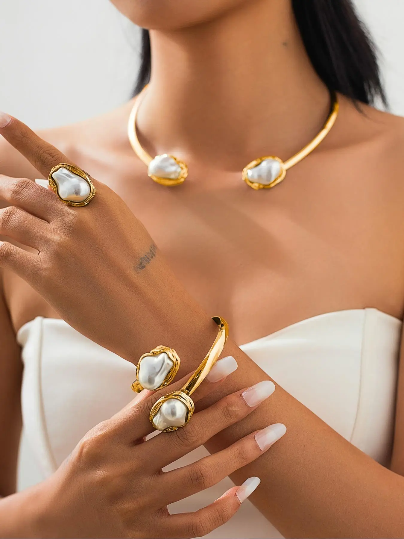 Women's Elegant Faux Pearl Decorated Jewelry Set, Vintage Trendy Necklace & Cuff Bangle & Ring, Chic Fashionable Matching Jewelry Set for Party & Daily Clothing Decor