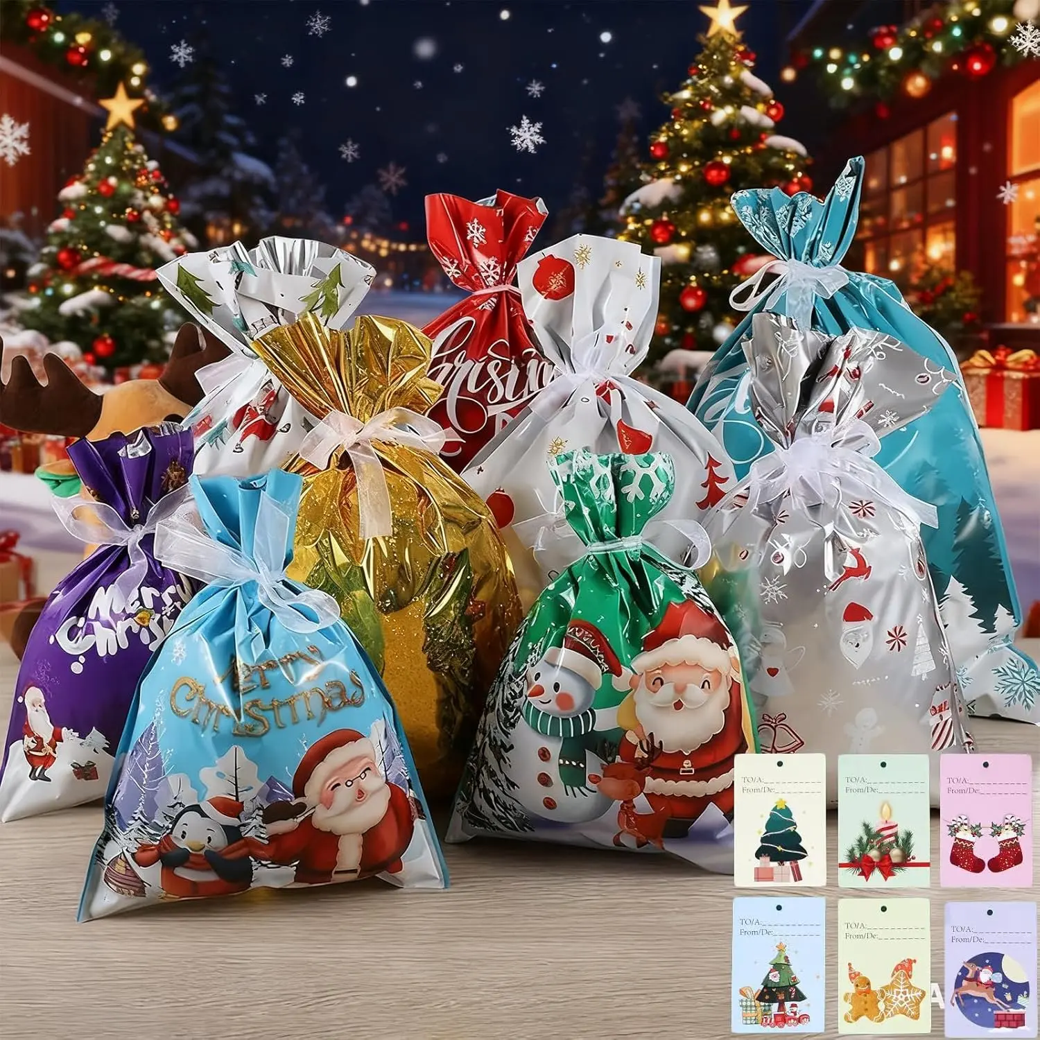 18 pcs Christmas gift bags, reusable Santa Xmas wrapping bags bulk with tags for candy, holiday gift wrap bags, presents, treats, toys, family & party gifts