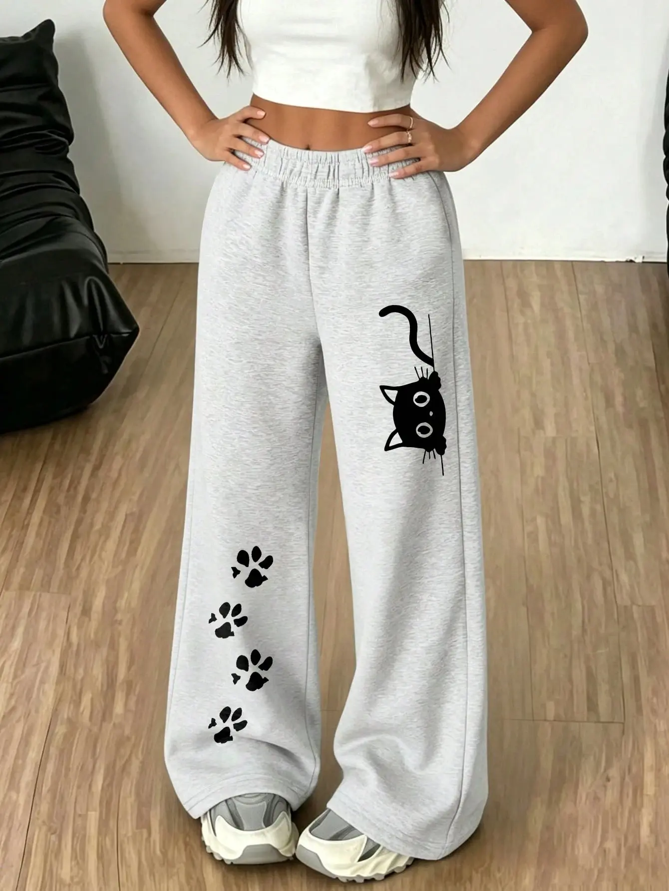 1pc Cute Girl Wide Leg Sweatpants, Peeking Cat & Paw Print Pattern, Soft Casual Streetwear Long Pants