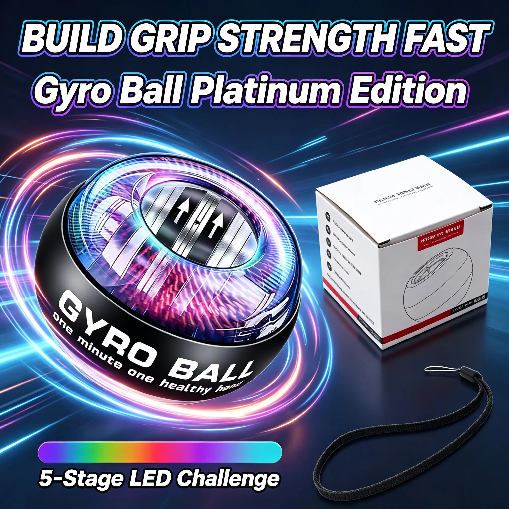 Spring Steel Core Wrist Gyro Ball Hand Grip Strengthener with Safety Strap - Compact ABS Plastic Forearm Trainer for Gym Fitness & Office Relief