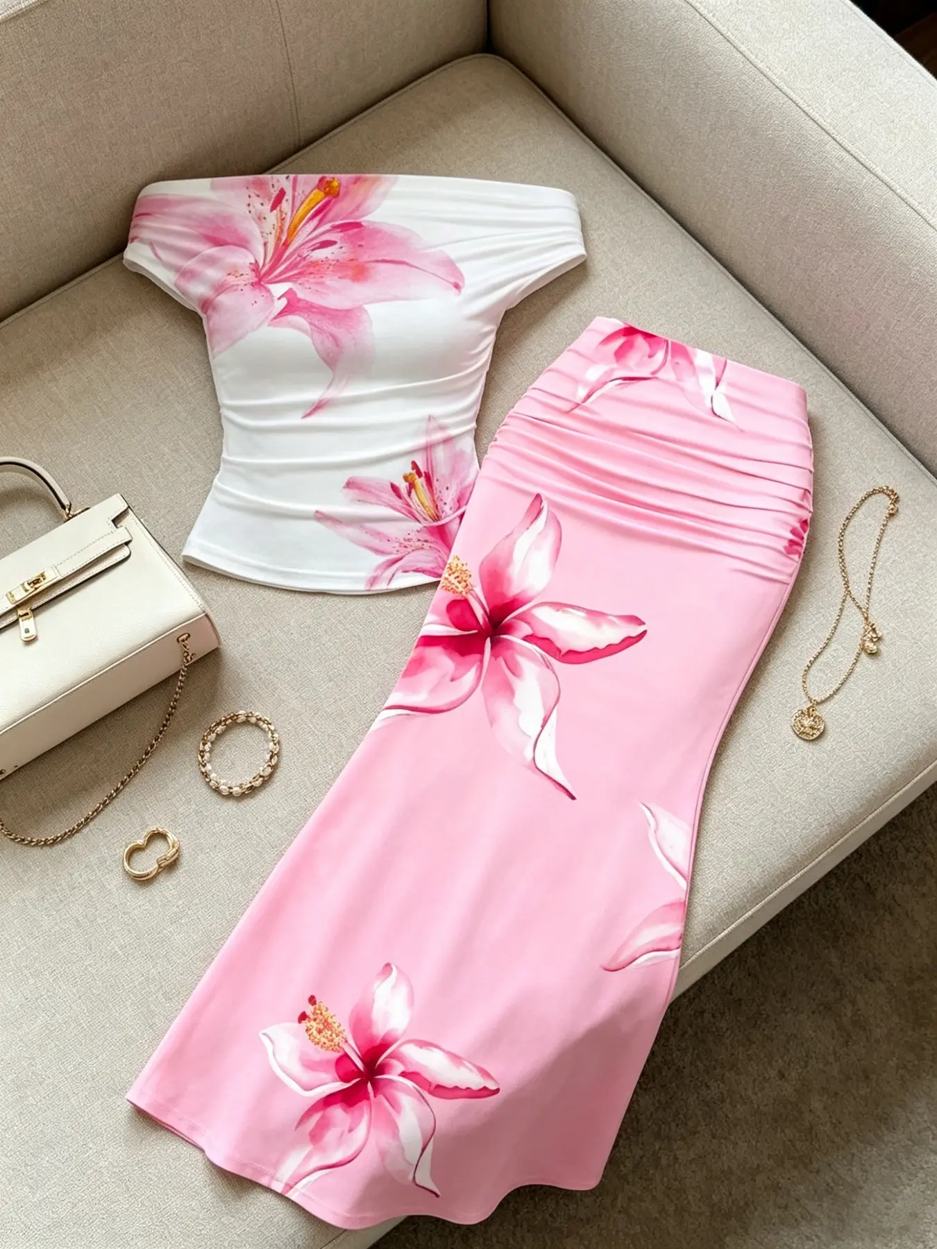 French Lily Print Cami Fish Tail Feminine Chic Aesthetic Set for Women, One-Shoulder Sleeveless Waist-Cinch Top + High-Waisted Pleated Skirt Two-Piece Set, Elegant Plain Style