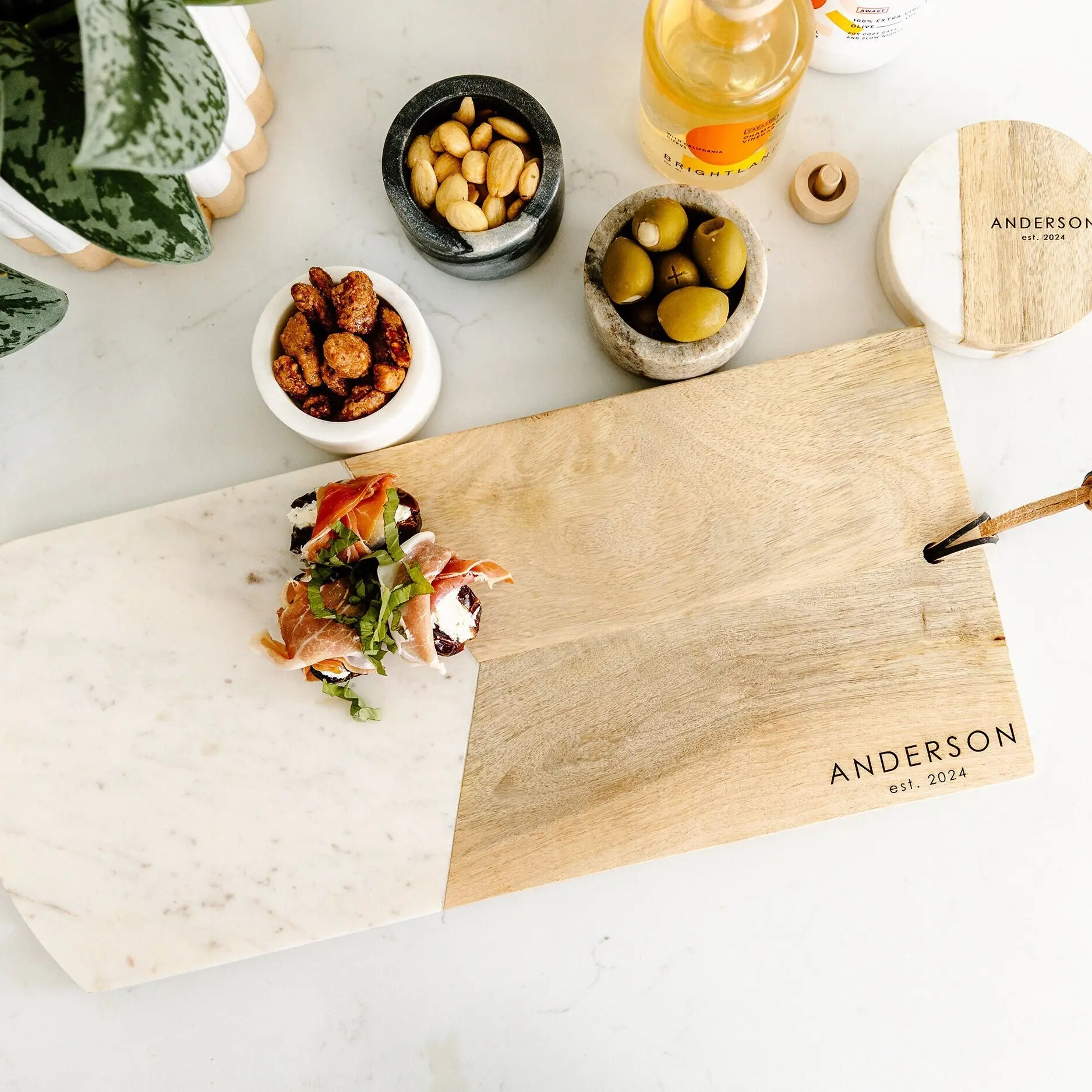 Personalized Cheese Board Charcuterie Set, Includes Charcuterie Board, 4 Marble and Wood Coasters, Brass Spreader and Set of 3 Marble Bowls